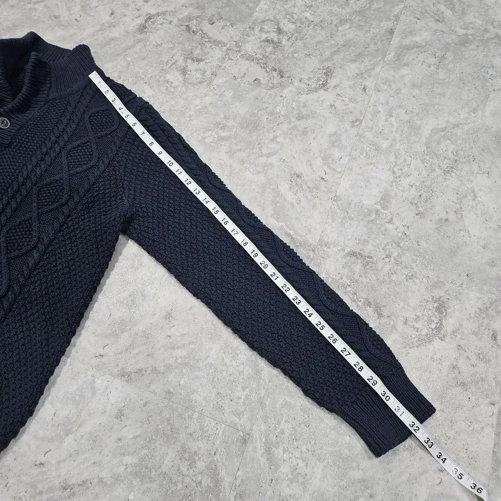 LL Bean Signature Fisherman Button Henley Sweater Blue‎ Cable Knit MENS XL Mock